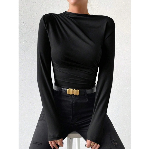 Ruched Asymmetric Black Long Sleeve Bodysuit - Picture 7 of 14